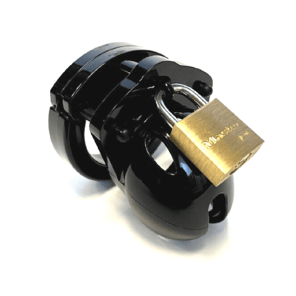Black polycarbonate chastity cage with a brass padlock.