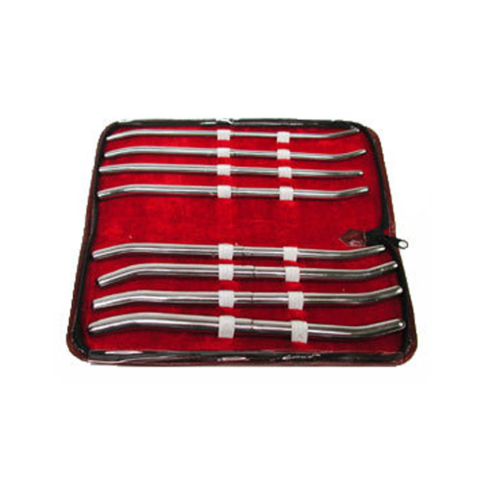 A set of eight chrome brass Hegar urethral dilator sounds in a red velvet-lined case.