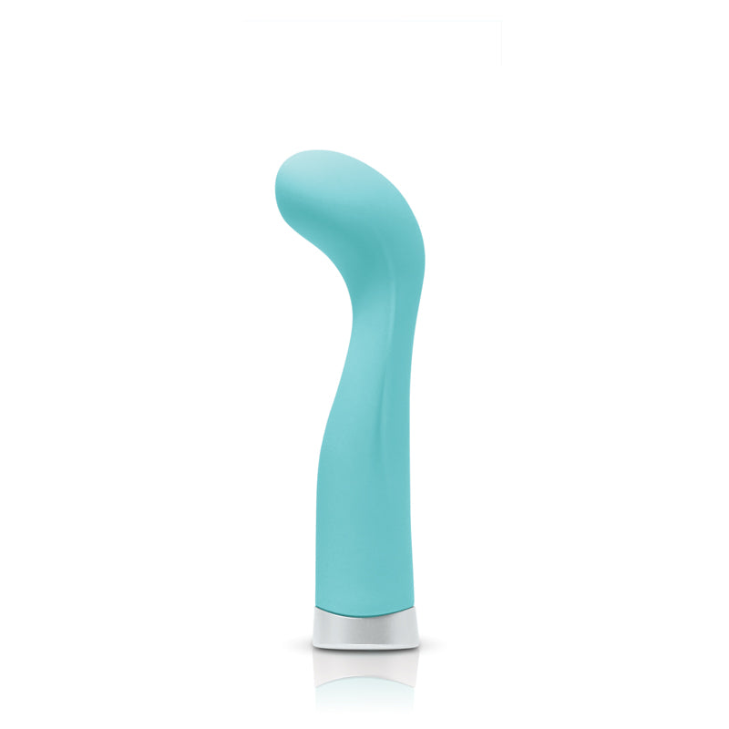 Turquoise rechargeable silicone vibrator with a silver base.