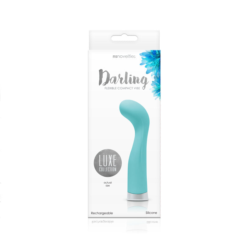 Turquoise silicone compact vibrator in packaging.