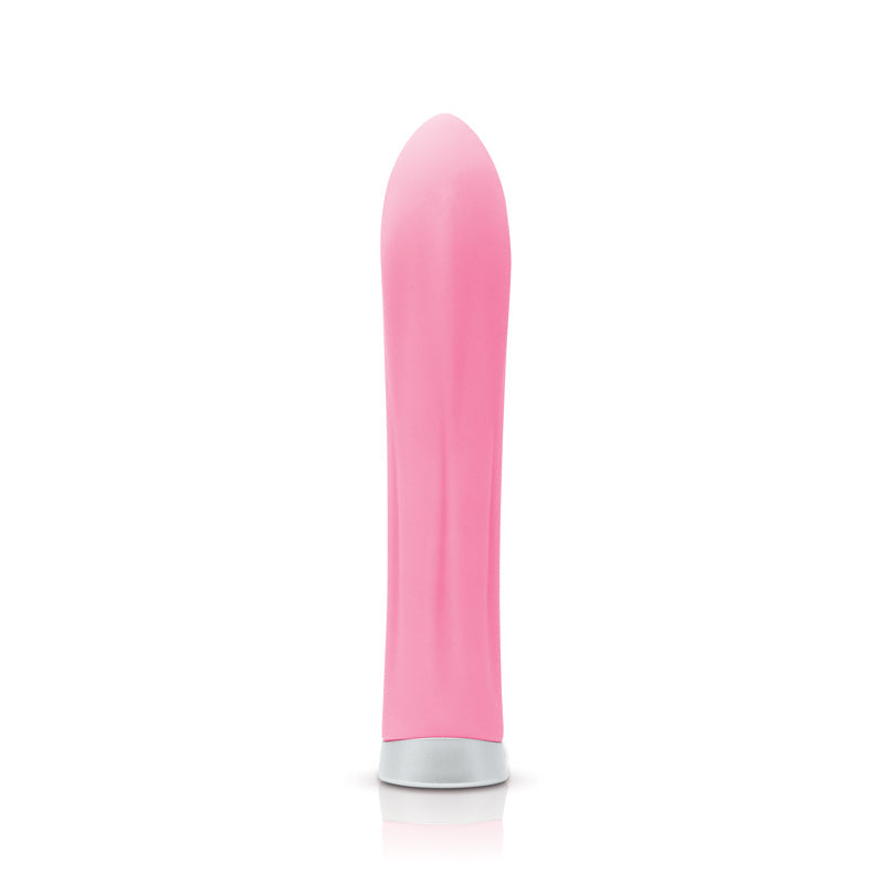 Pink silicone vibrator with a silver base.