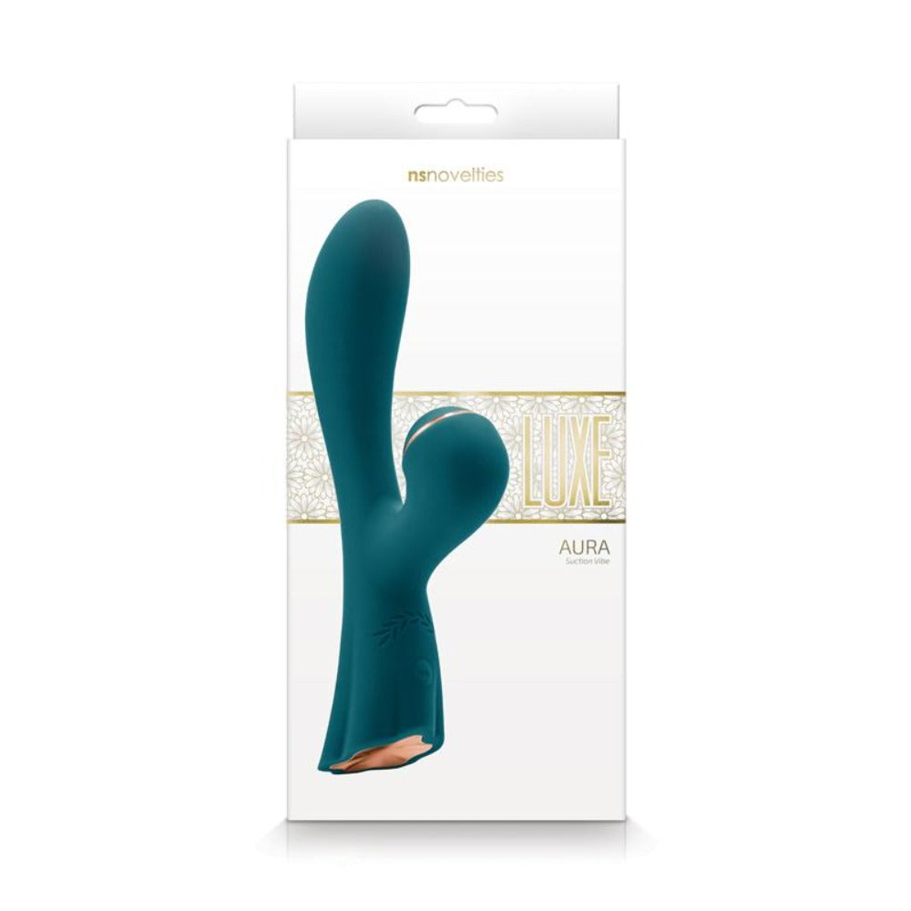 Teal silicone Aura G-spot suction stimulator with gold accents.