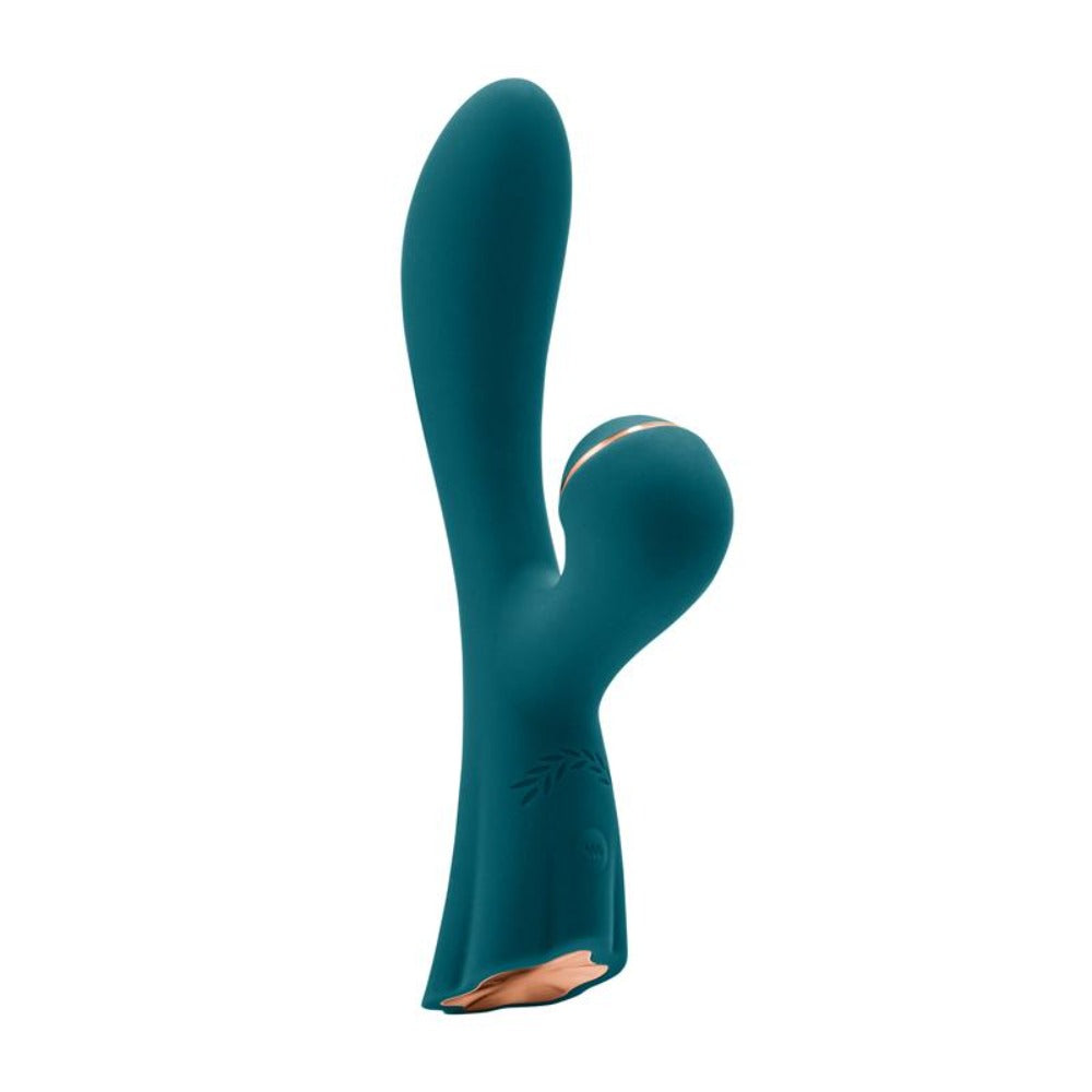 Teal silicone G-spot stimulator with a curved design and rose gold accents.