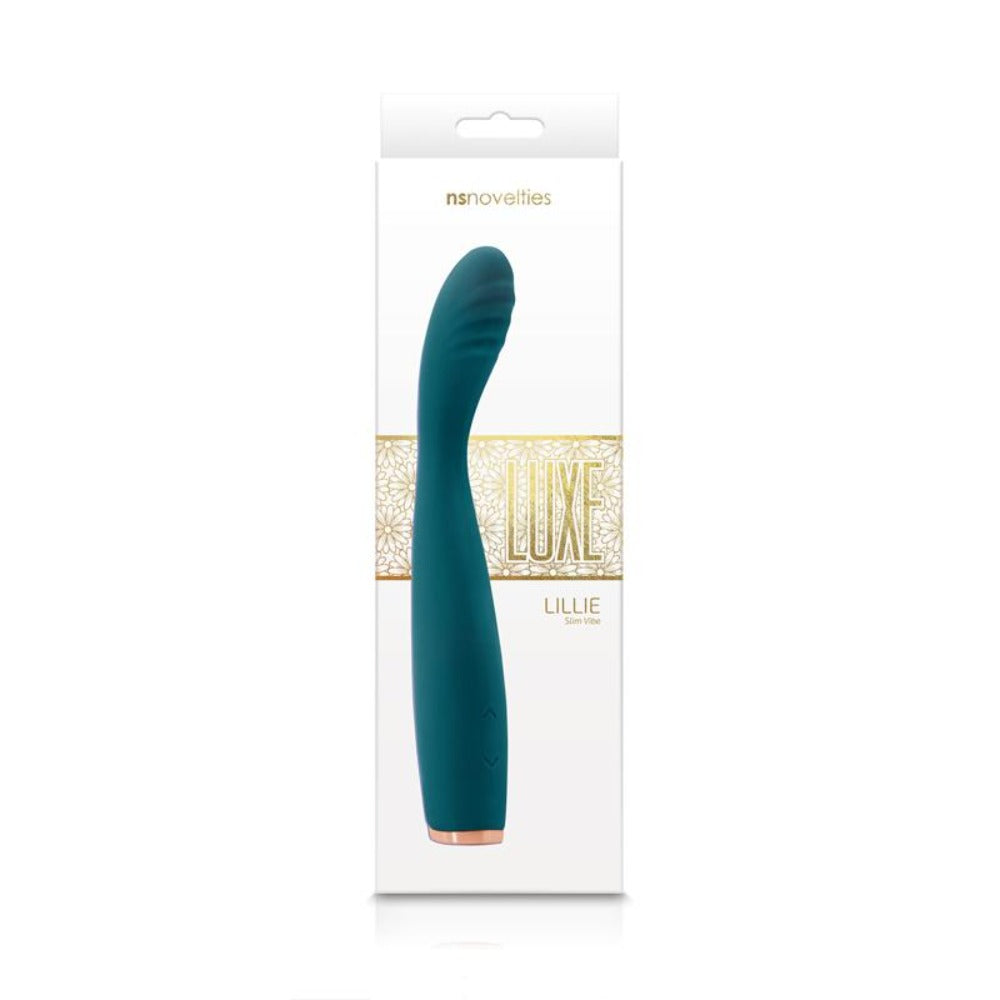 Teal Lillie slim vibe vibrator in its packaging.