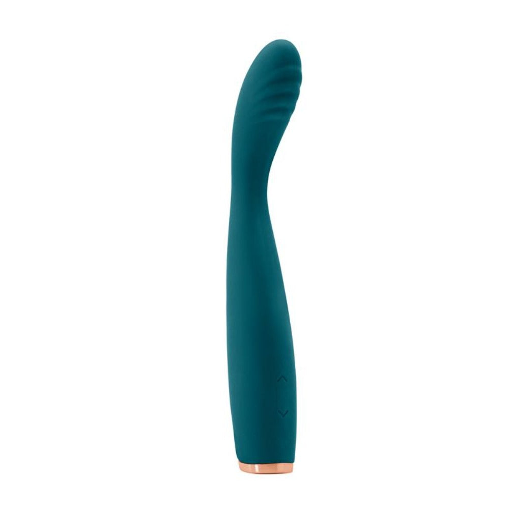 Teal silicone rabbit vibrator with a curved shape and ribbed tip.