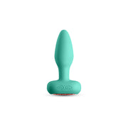 Teal vibrating anal plug with app control and textured base.