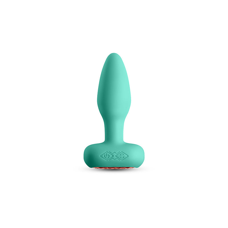 Teal vibrating anal plug with app control and textured base.