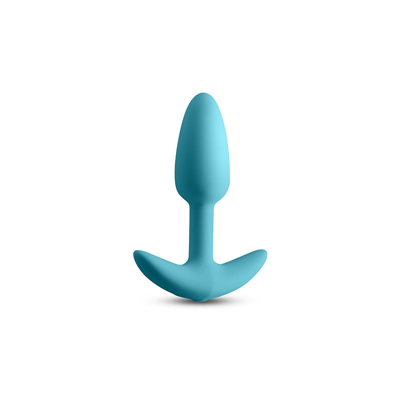 Blue app-controlled vibrating silicone plug with a flared base.