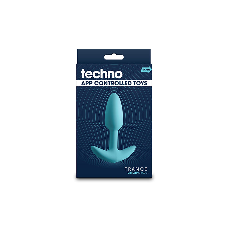Blue app-controlled vibrating silicone plug with a flared base.