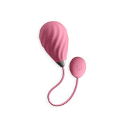 Pink app-controlled rechargeable silicone insertable vibe with a textured surface.