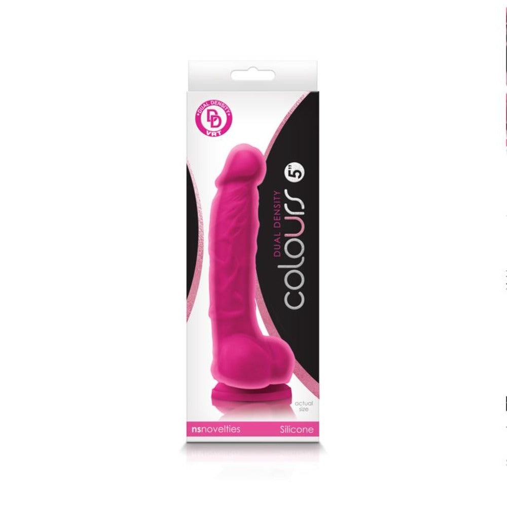 5-inch dual density silicone dildo with suction cup in pink, packaged.