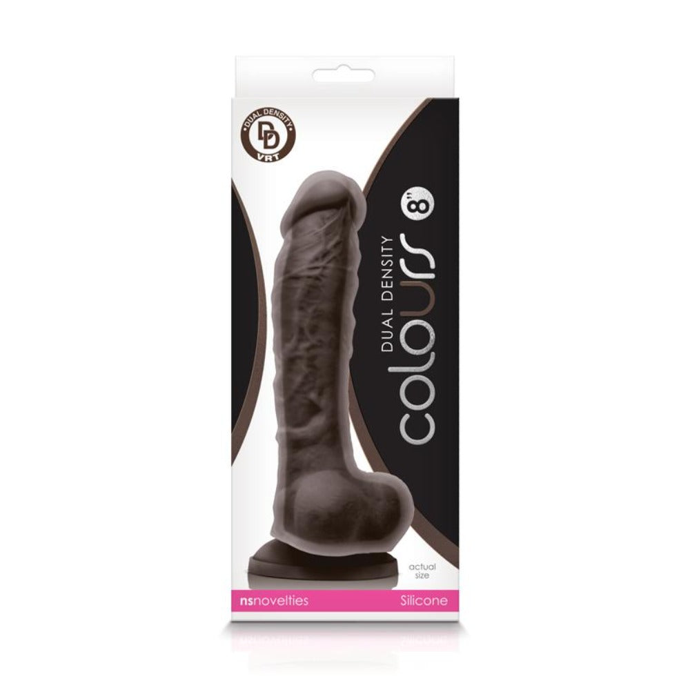 8-inch dark brown dual density silicone dildo with suction cup base in packaging.