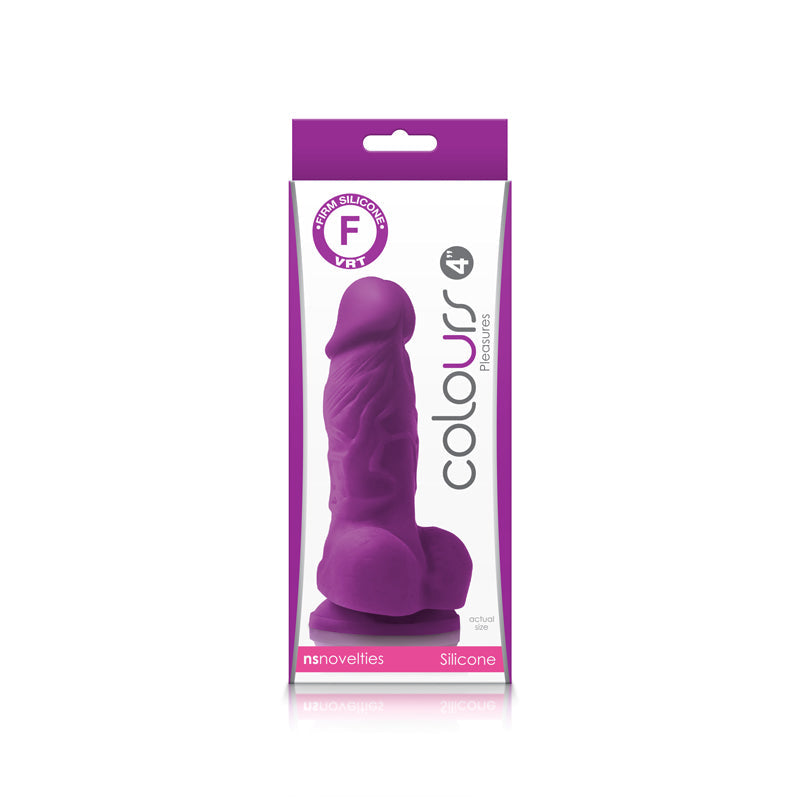Purple 4-inch realistic silicone dildo in its packaging.
