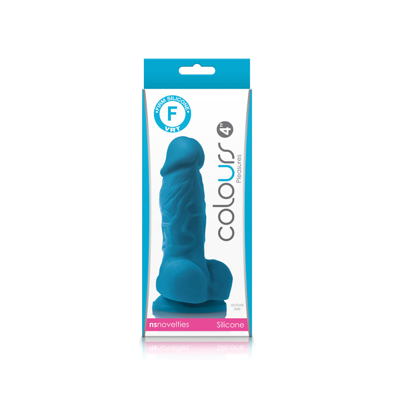 Blue silicone veined dildo with suction cup base in firm packaging.