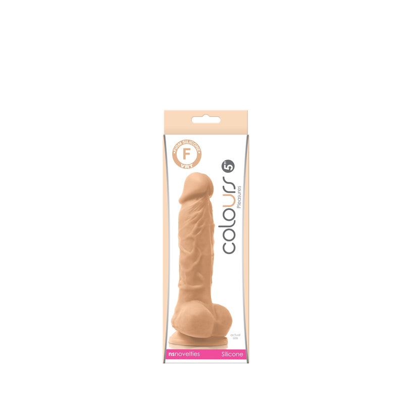 A firm silicone textured dildo with suction base in beige, packaged upright.