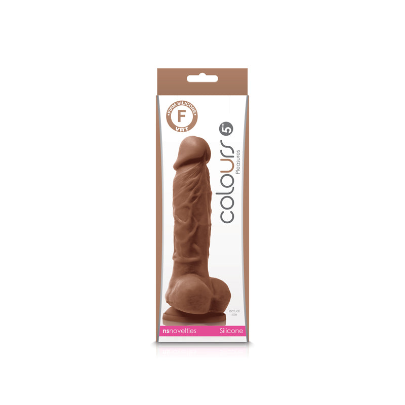 A 5-inch firm silicone veined dong in midnight black with suction cup base, packaged.