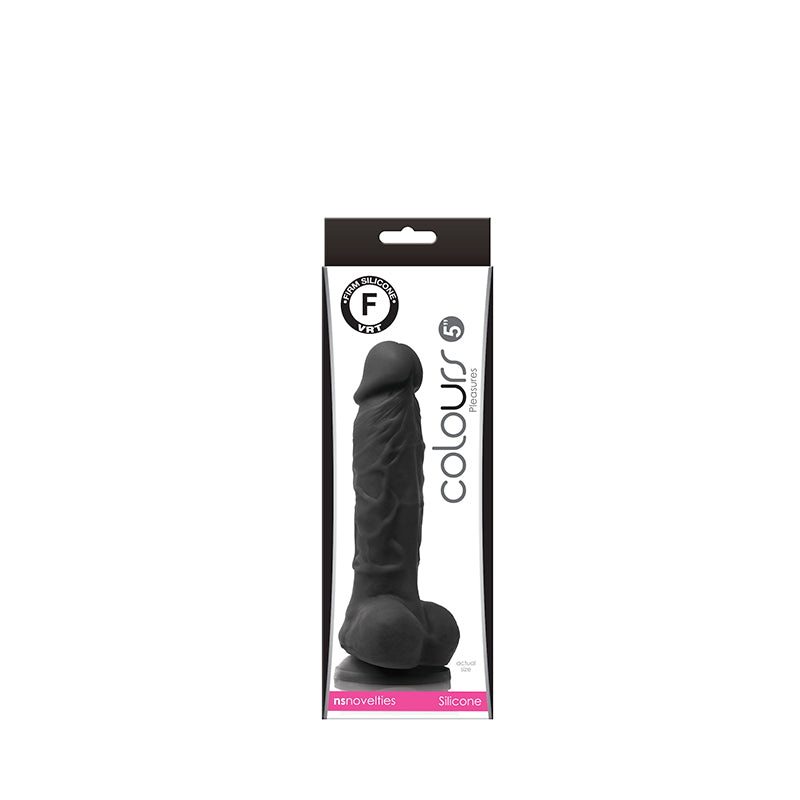 Black firm silicone realistic dong with suction cup, 5 inches.