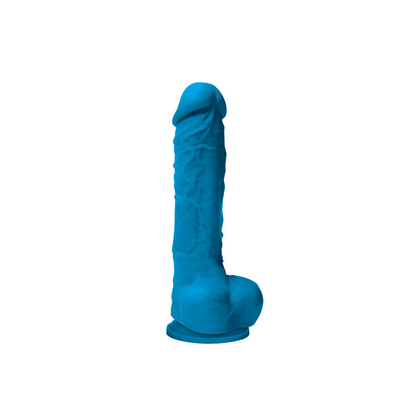 A blue veined silicone dildo with a suction cup base, measuring 7 inches long.