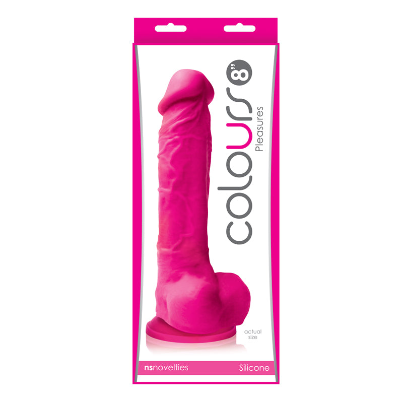 Pink 8-inch textured silicone dildo with suction base in clear packaging.