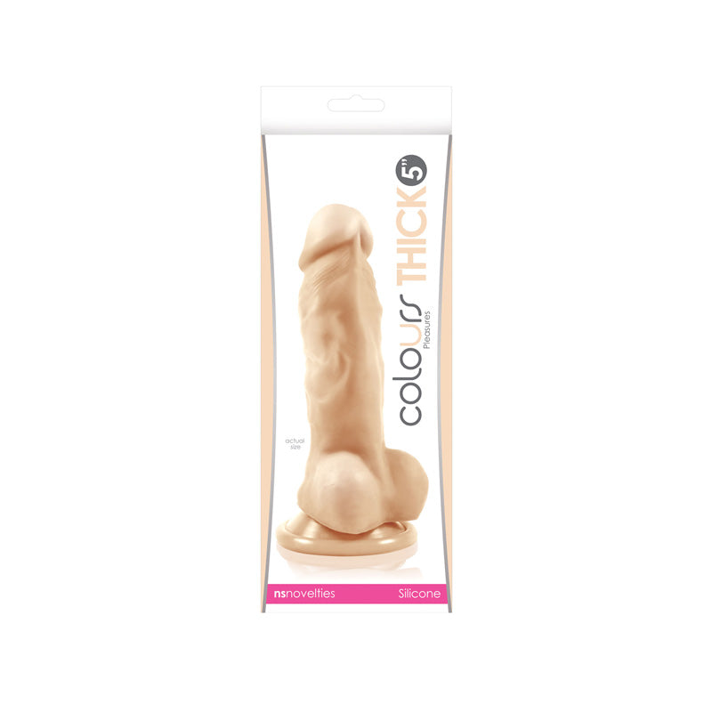 A 5-inch thick, realistic silicone dildo with suction base, packaged in clear box.