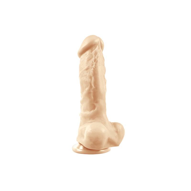 A 5-inch thick silicone realistic dildo with suction base and veined texture.