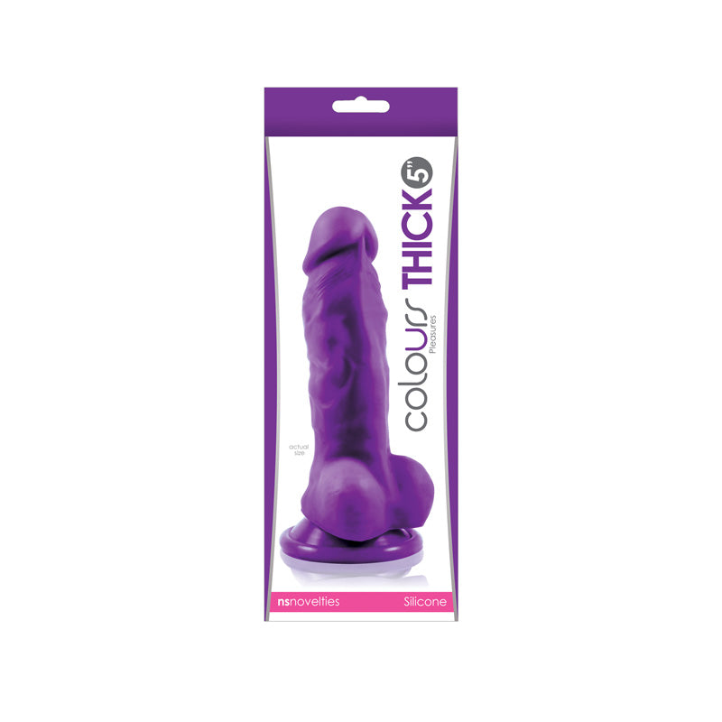 Purple 5-inch thick silicone suction cup dildo in clear packaging.