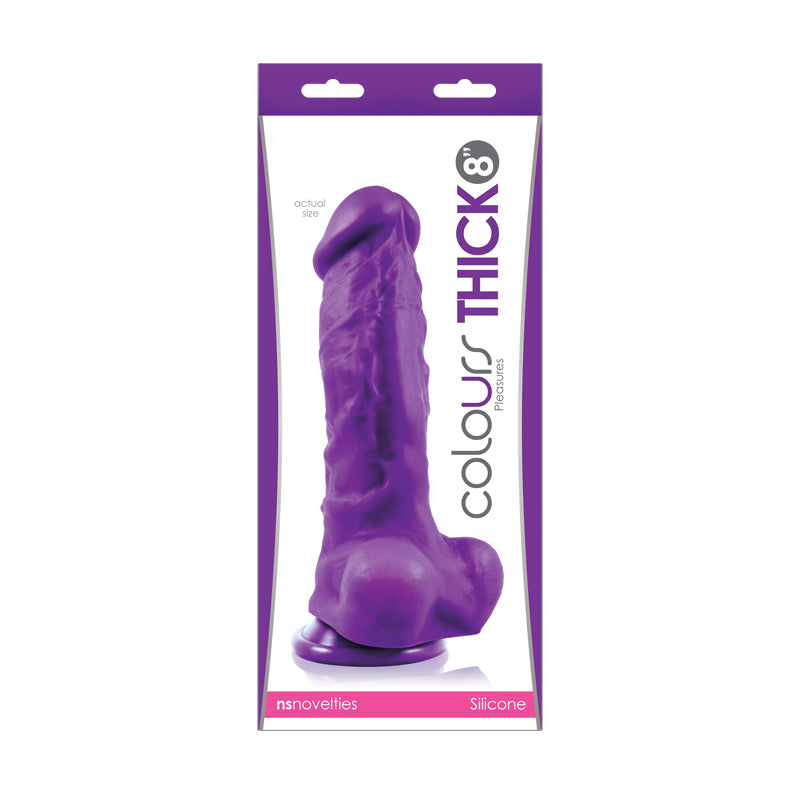 An 8-inch purple silicone dildo with realistic veins, squeezable balls, and suction cup base, packaged in clear plastic.