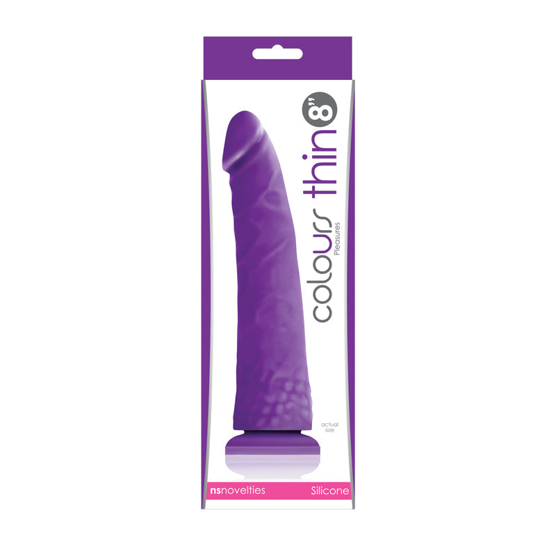 Purple 8-inch thin silicone suction cup dildo in clear packaging.