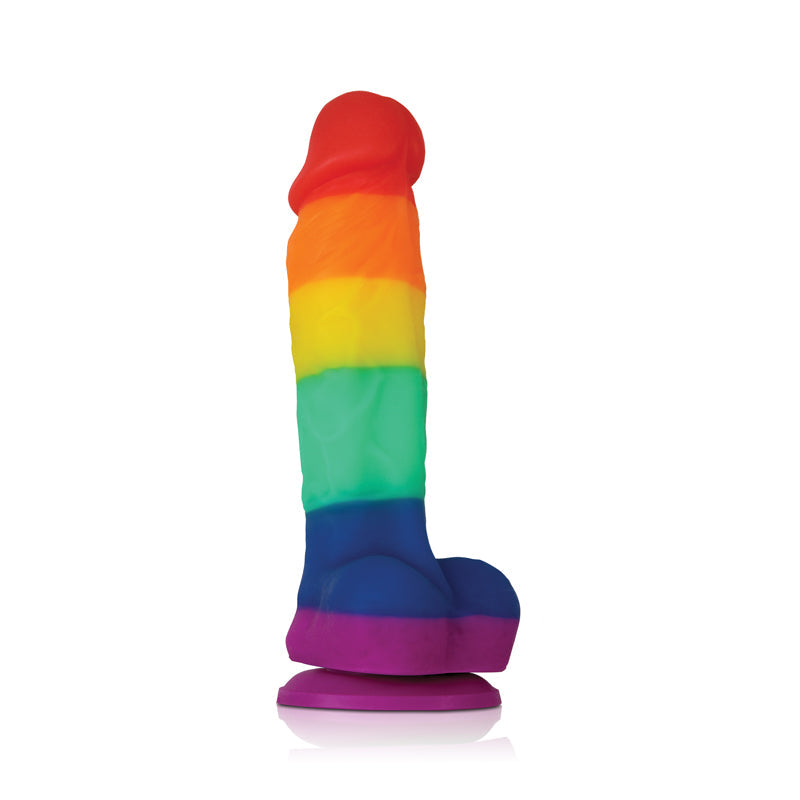 Rainbow silicone toy with suction base.