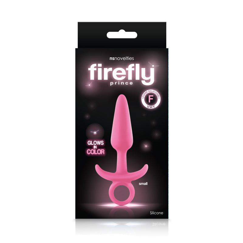A pink silicone anal plug with a flared base and a glow-in-the-dark feature.