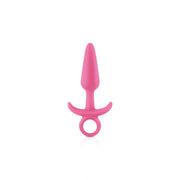 A pink silicone anal plug with a tapered tip and a ringed base.
