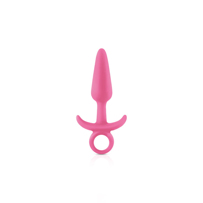 A pink silicone anal plug with a tapered tip and a ringed base.