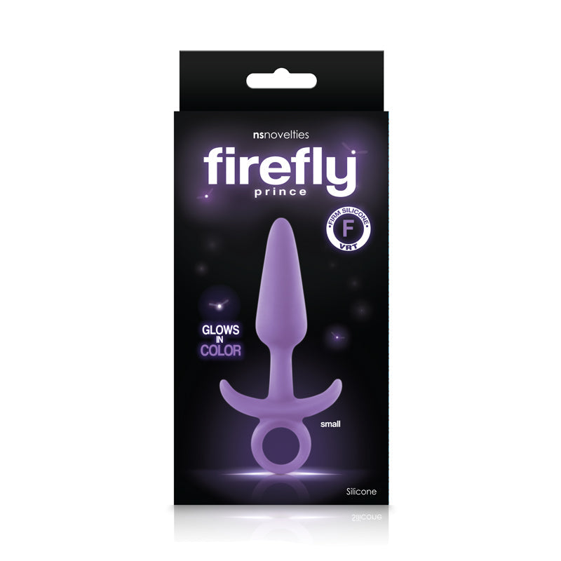 A small, purple, glow-in-the-dark silicone anal plug with a ringed base.