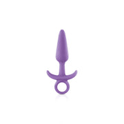 A purple silicone anal plug with a tapered tip and a ringed base.