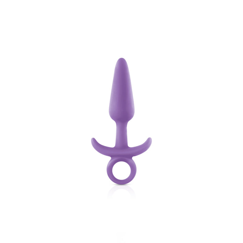 A purple silicone anal plug with a tapered tip and a ringed base.