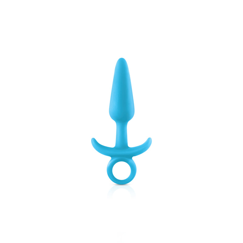 A blue silicone anal plug with a tapered tip and a ringed base.