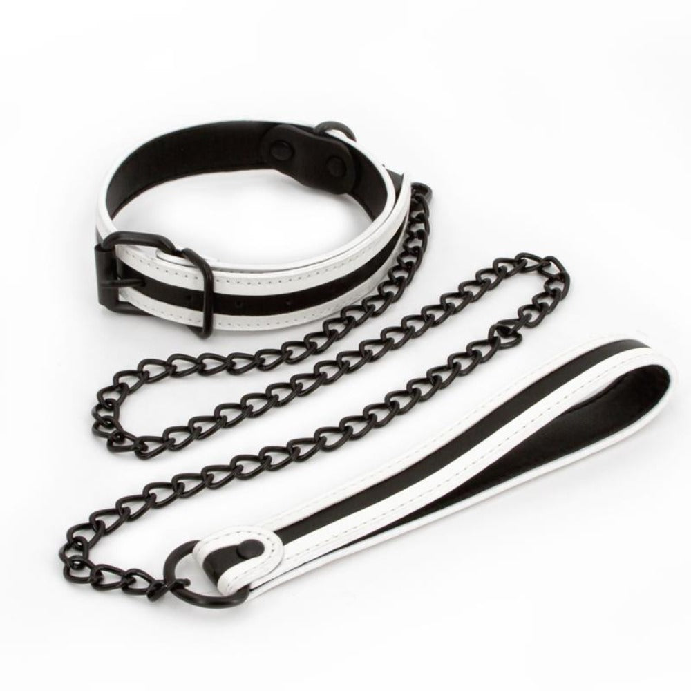 Black and white striped collar and leash set with a chain.