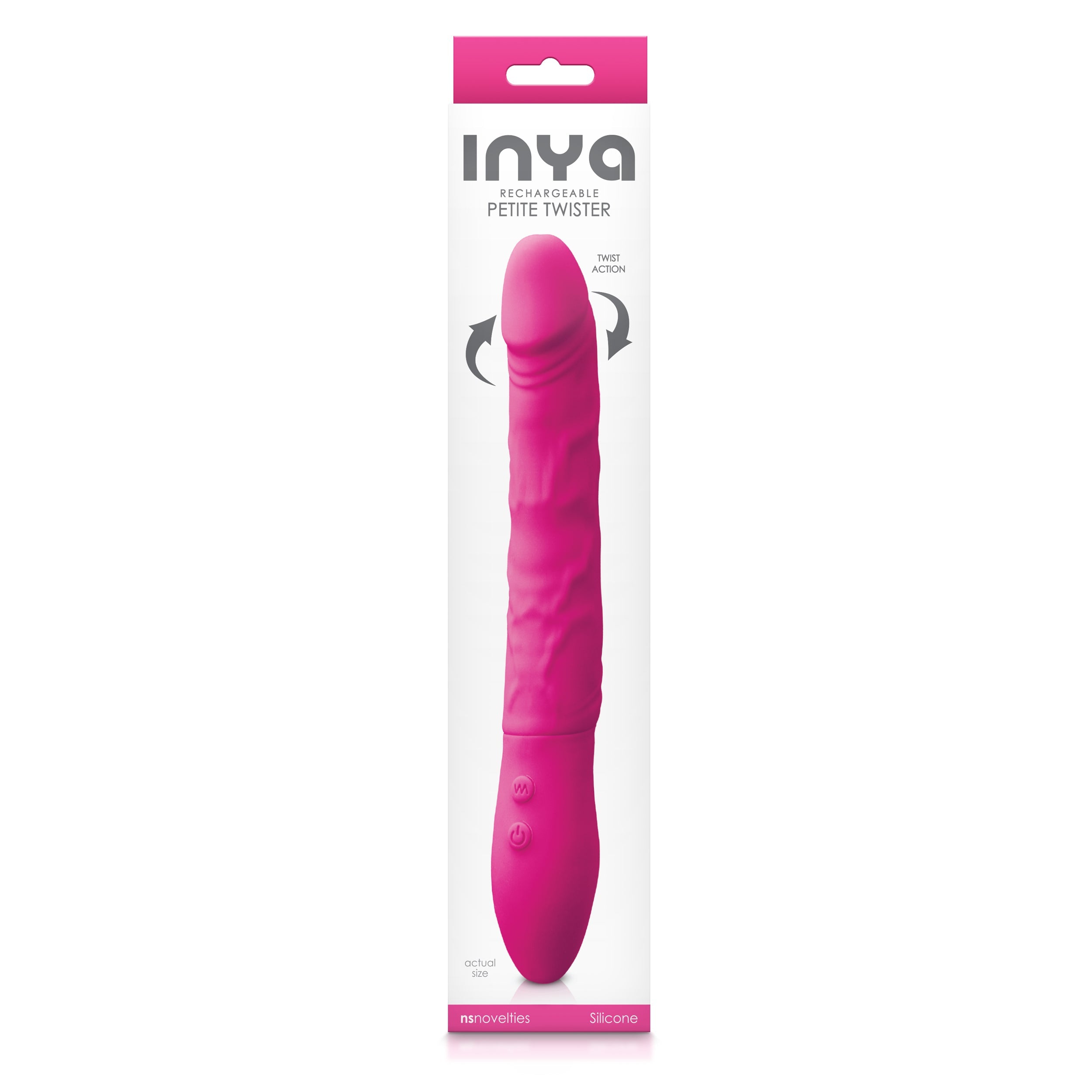 Pink Inya Petite Twister rotating silicone massager in its box.