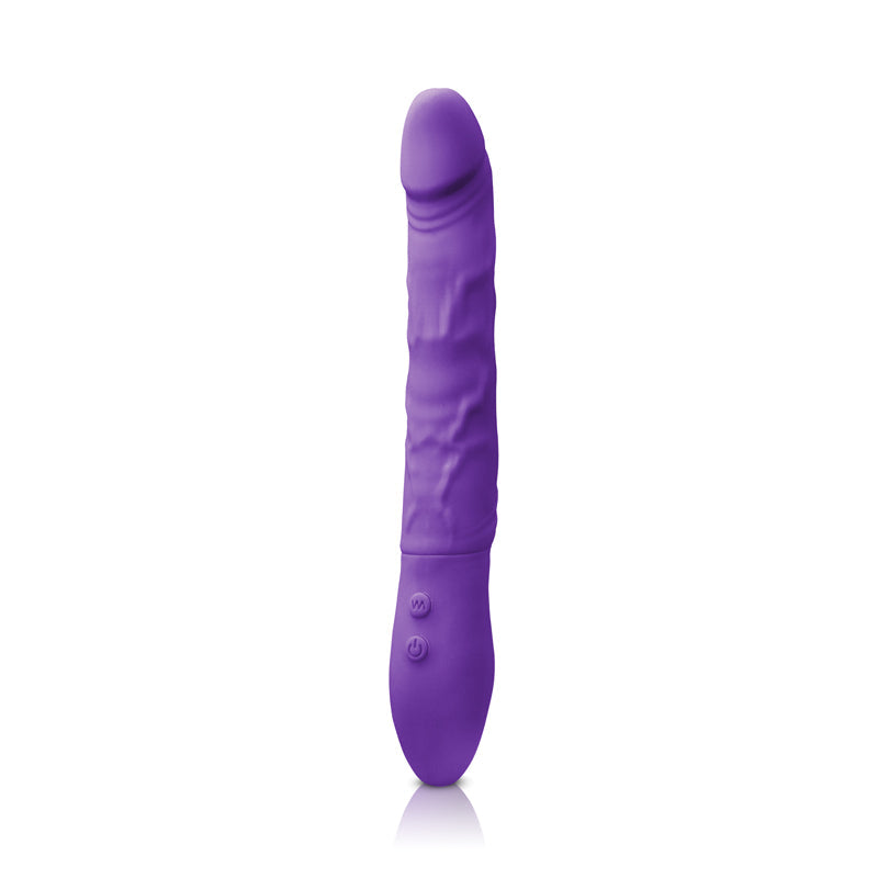 Purple rechargeable rotating silicone massager with adjustable shaft.
