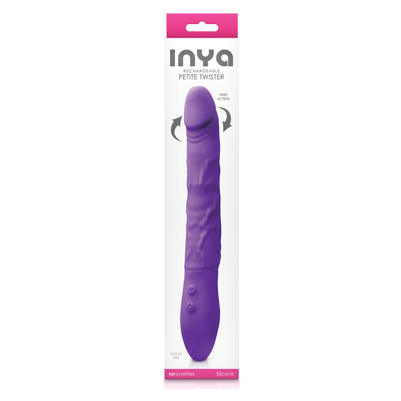 Purple Inya Petite Twister rechargeable rotating silicone massager in packaging.