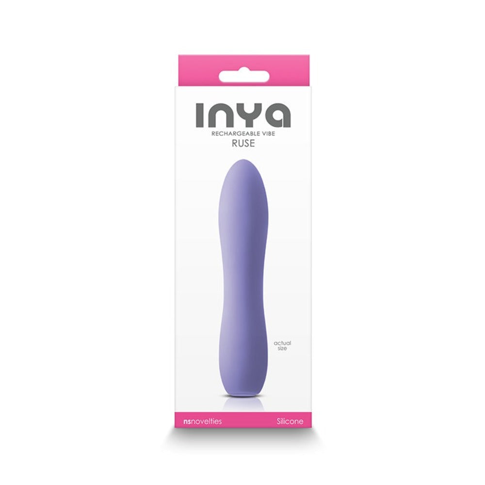 A lilac purple rechargeable silicone massager in its packaging.