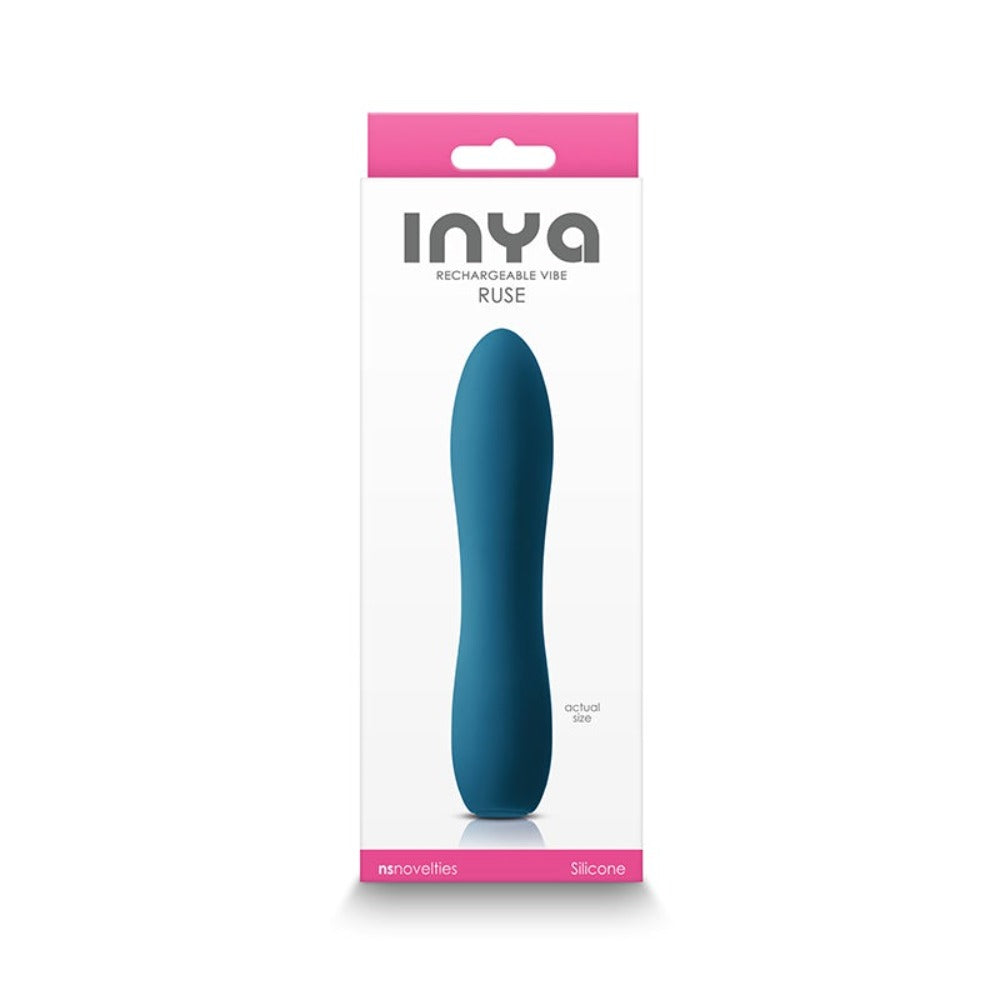 Dark teal rechargeable silicone vibrator in packaging.