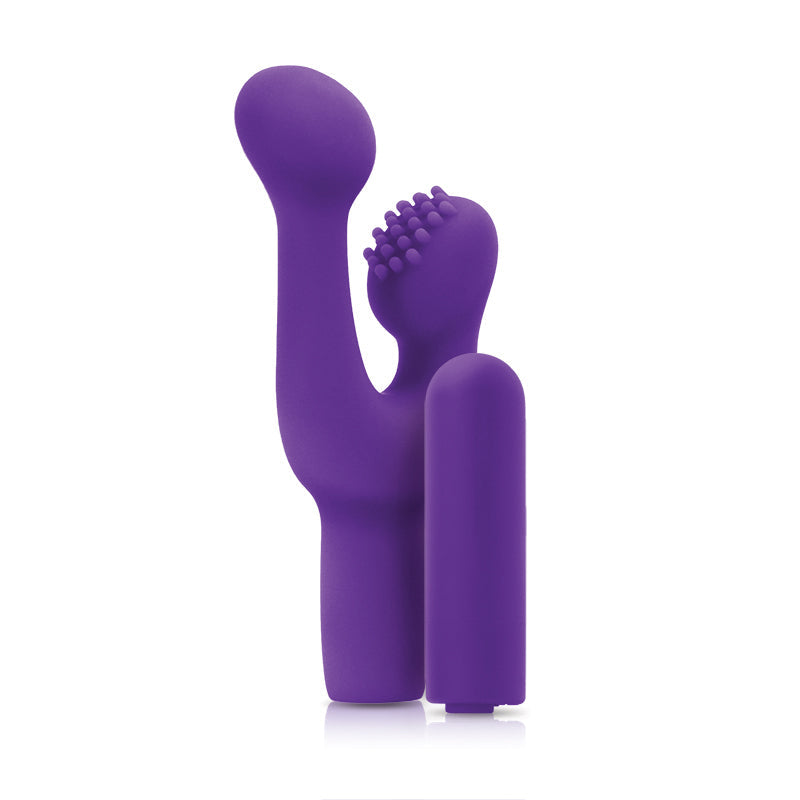 Purple silicone clitoral stimulator with textured head and smooth shaft.