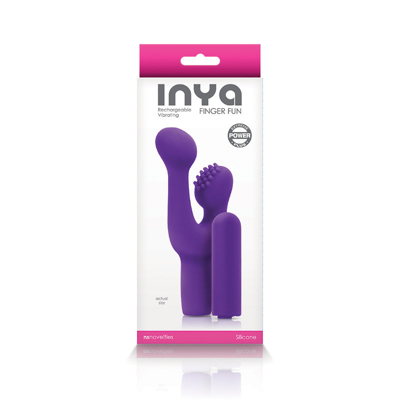 Purple silicone finger fun vibrator with a textured tip.