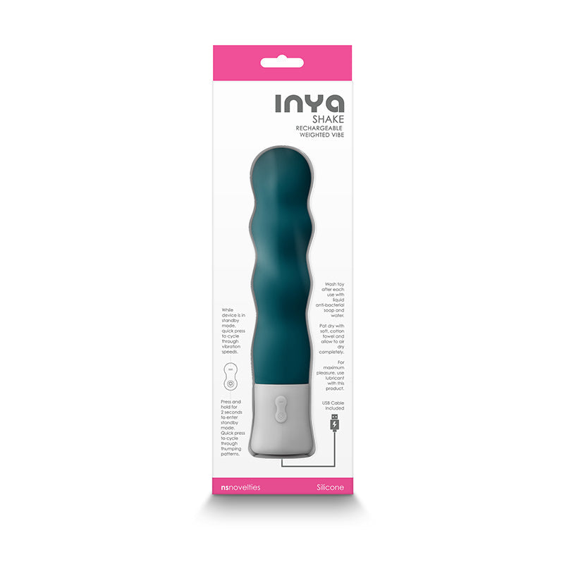 Dark teal silicone vibrator in packaging with usage instructions.