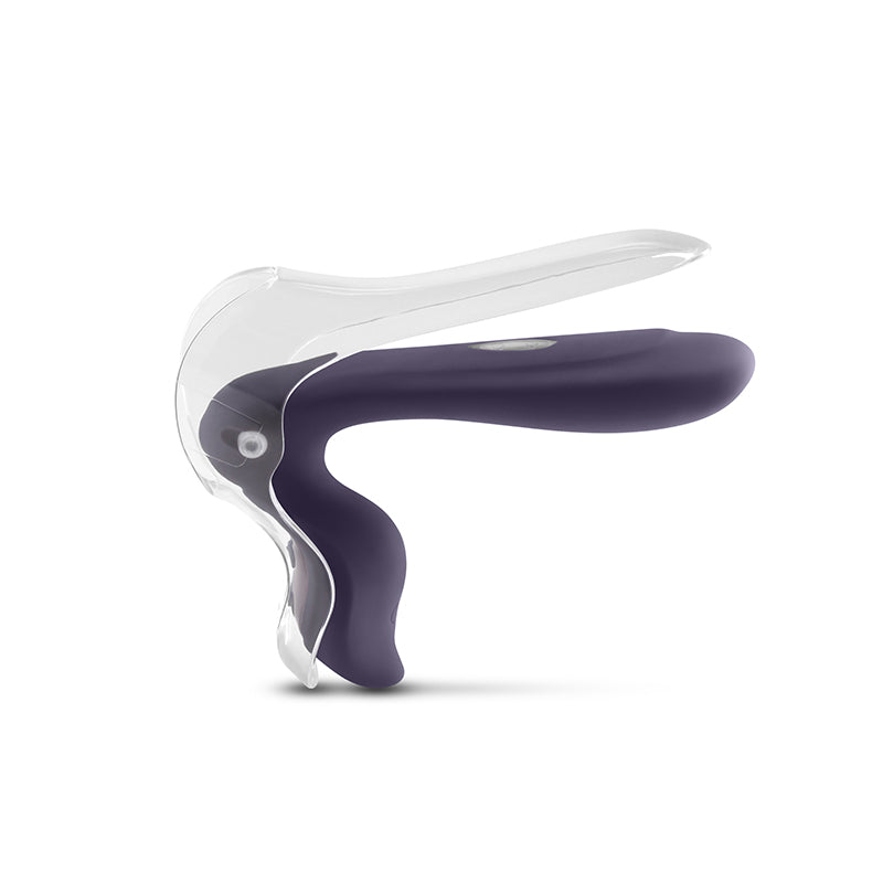 Purple vibrating vaginal dilator with a clear protective cover.