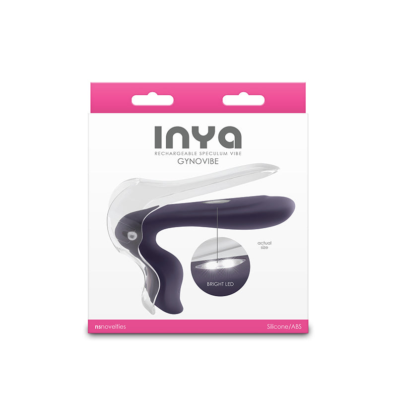 A purple GynoVibe rechargeable speculum vibe with a clear plastic cover and a bright LED light.