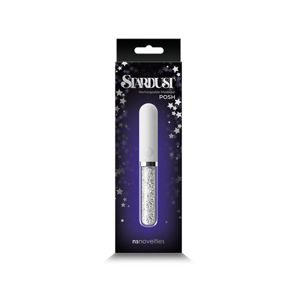 Stardust Posh Vibe rechargeable massager with a white top and glittery bottom.