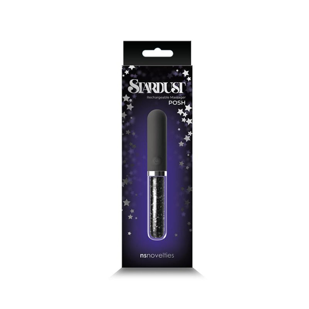 Stardust Posh rechargeable massager in packaging with stars.