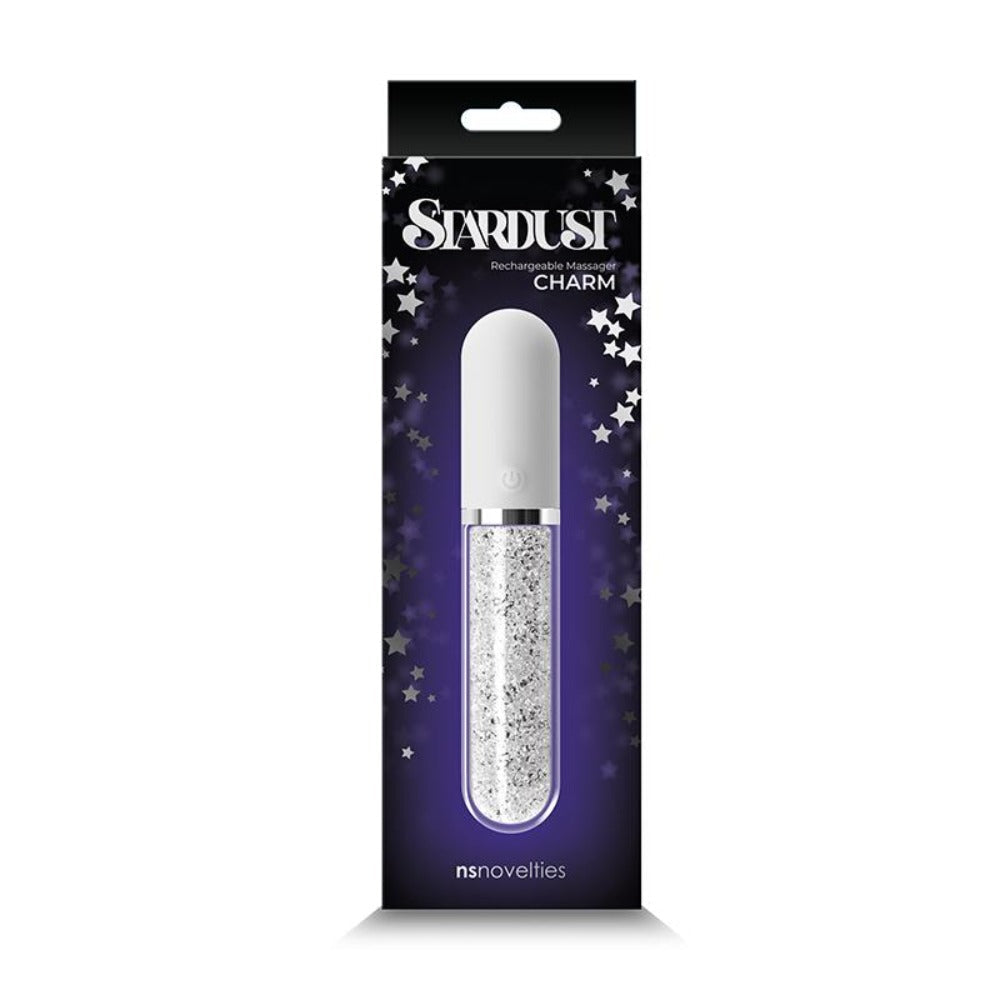 Stardust Charm white rechargeable massager with glitter-filled lower section.